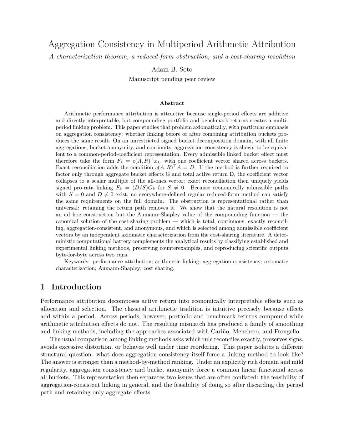 Page one of Aggregation Consistency in Multiperiod Arithmetic Attribution