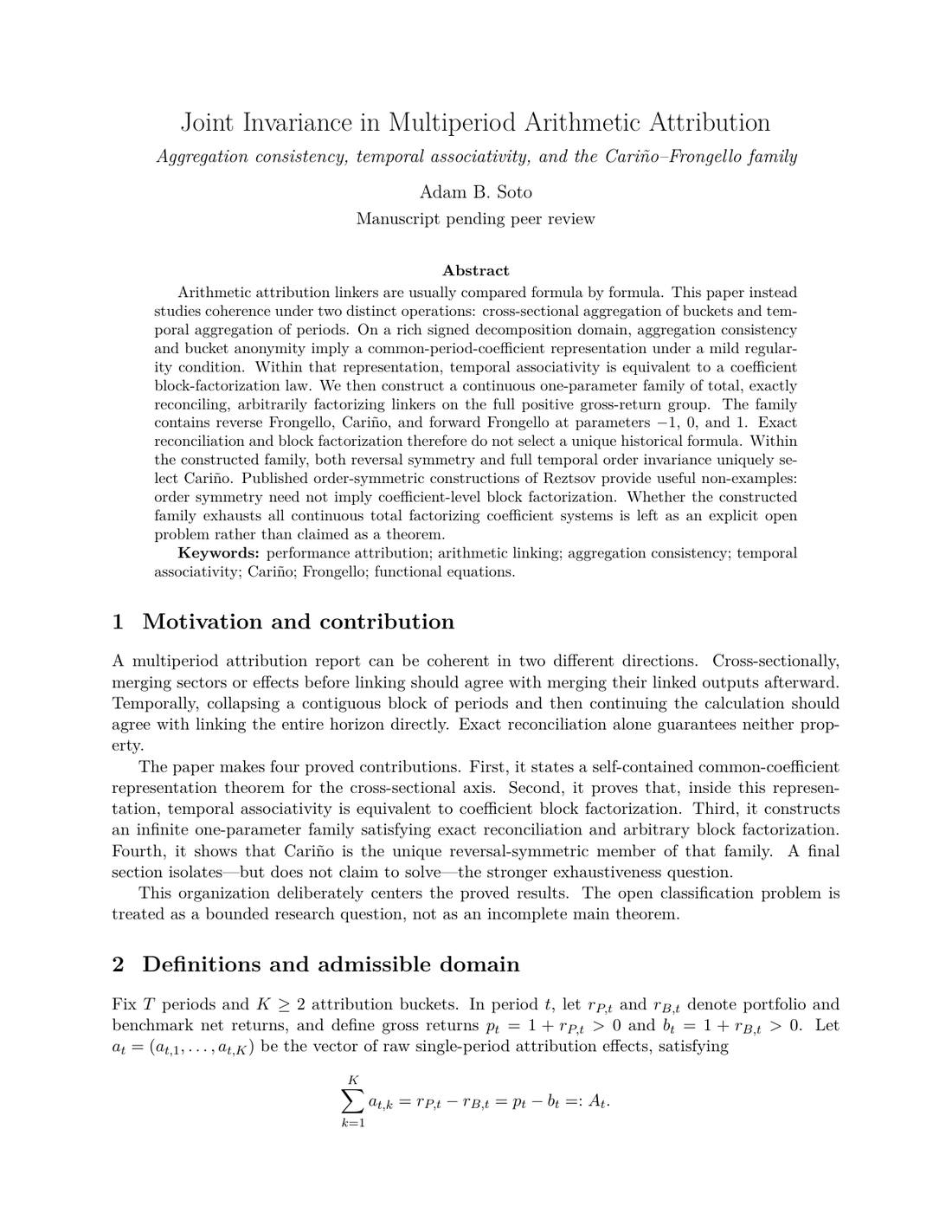 Page one of Joint Invariance in Multiperiod Arithmetic Attribution